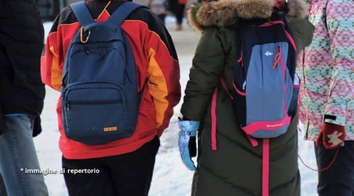 Studenti con zaini fuori da scuola