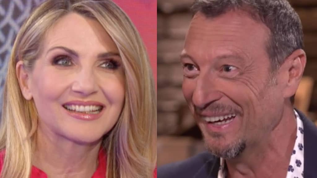 Primo piano di Lorella Cuccarini e Amadeus