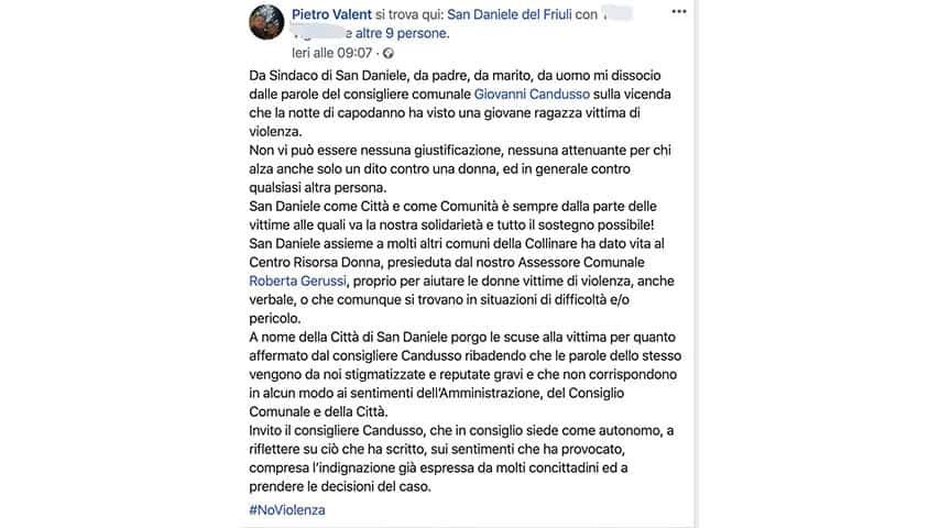 Post Facebook Pietro Valent sindaco San Daniele