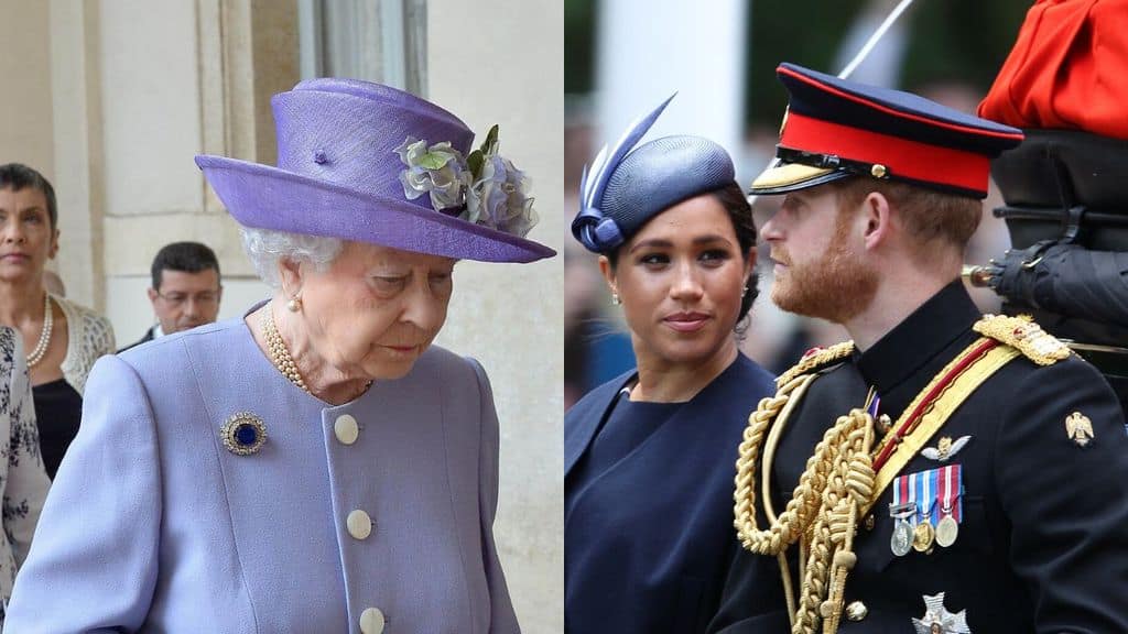 la regina elisabetta e harry e meghan in carrozza