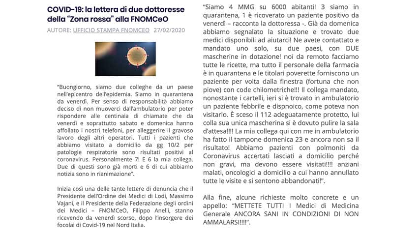 Lettera diffusa sul sito della Federazione Nazionale Ordini dei Medici