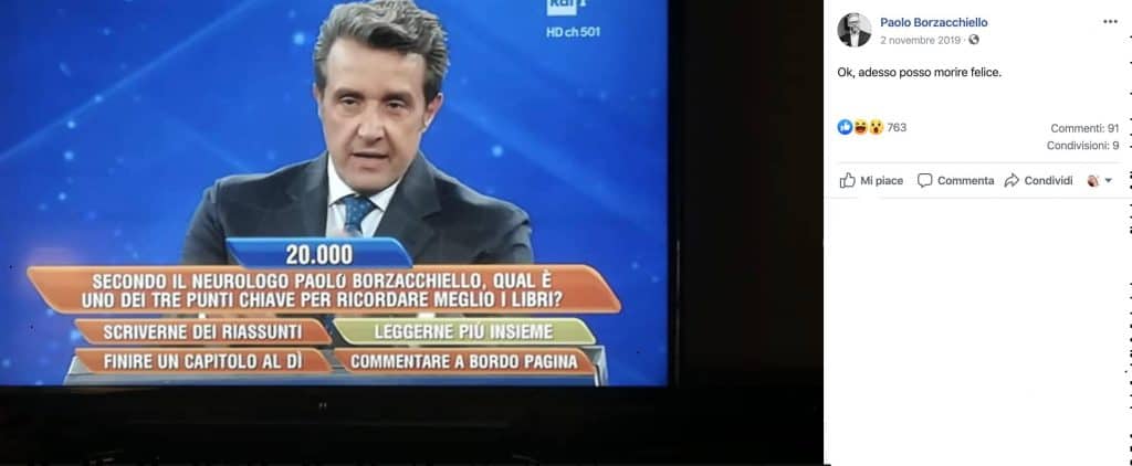 A L'eredità chiedono: "Secondo il neurolo Paolo Borzacchiello, qual è uno dei tre punti chiave per ricordare meglio i libri" - post di facebook