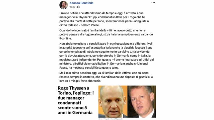 Post di Alfonso Bonafede su Facebook