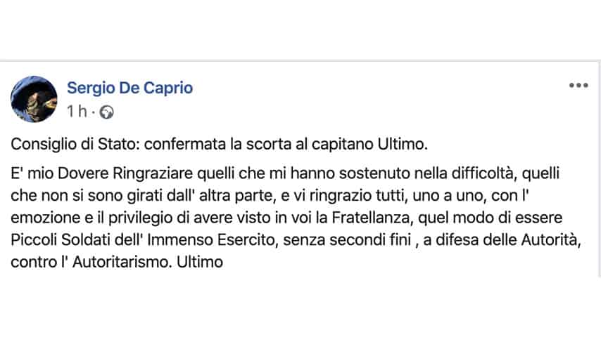 Post di Capitano Ultimo su Facebook