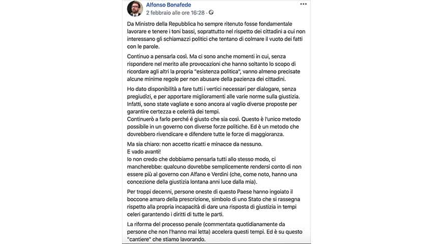 Post Facebook di Alfonso Bonafede sulla prescrizione