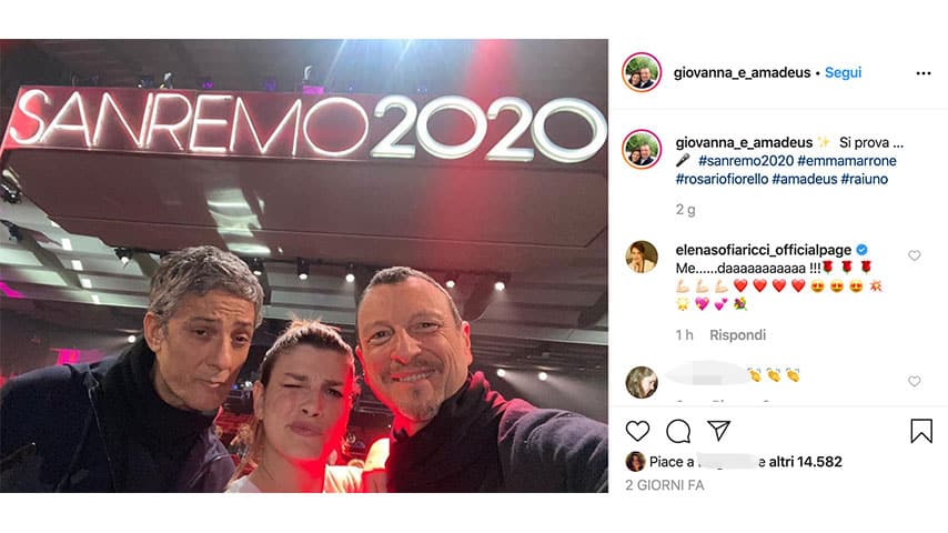 Post di Amadeus su Instagram, in posa con Fiorello e Emma
