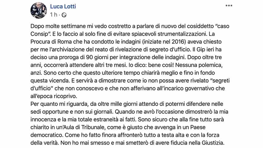 Post di Luca Lotti su Facebook