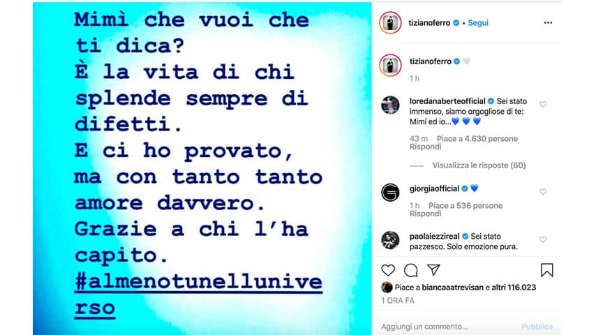 Post di Tiziano Ferro su Instagram