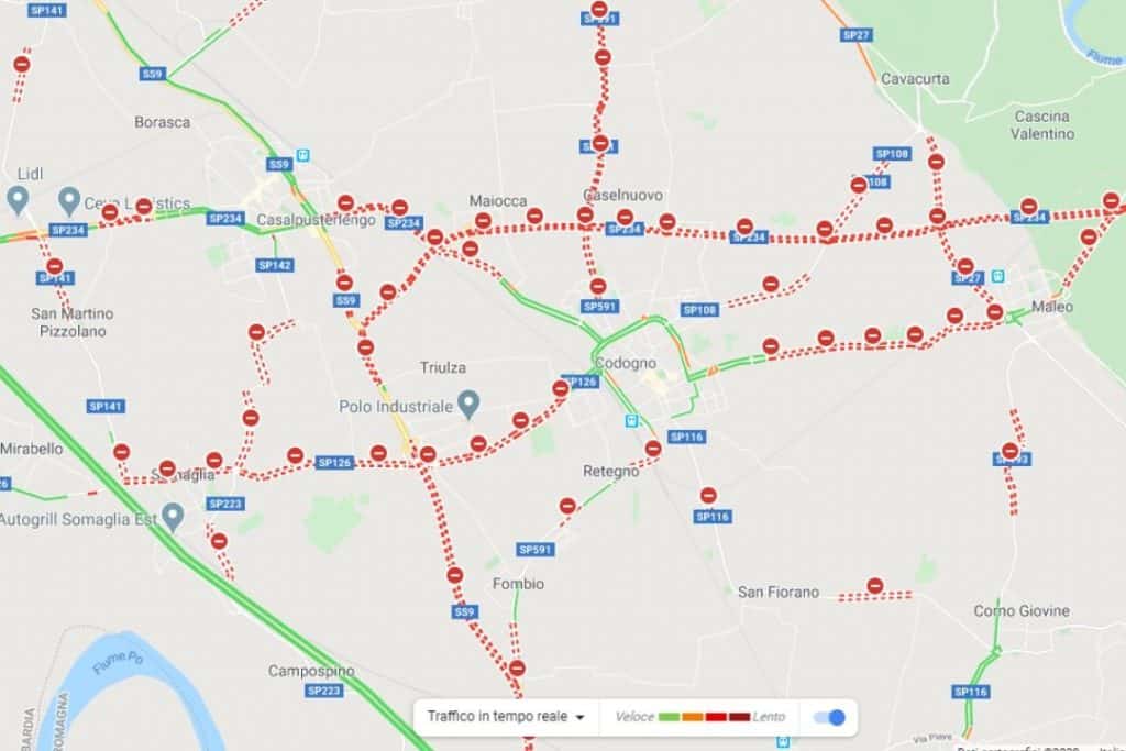 Le strade chiuse del comune di Codogno viste con Google Maps