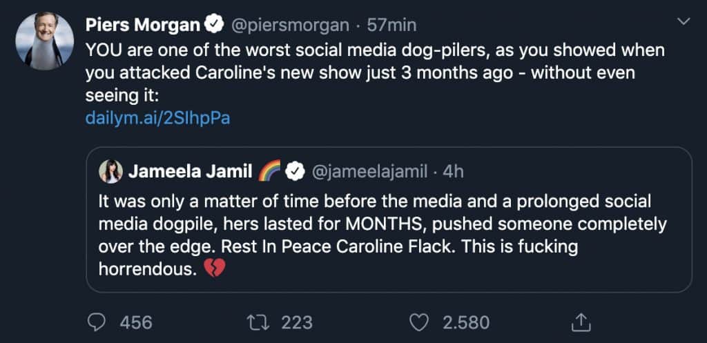 scambio di tweet tra piers morgan e Jameela Jamil