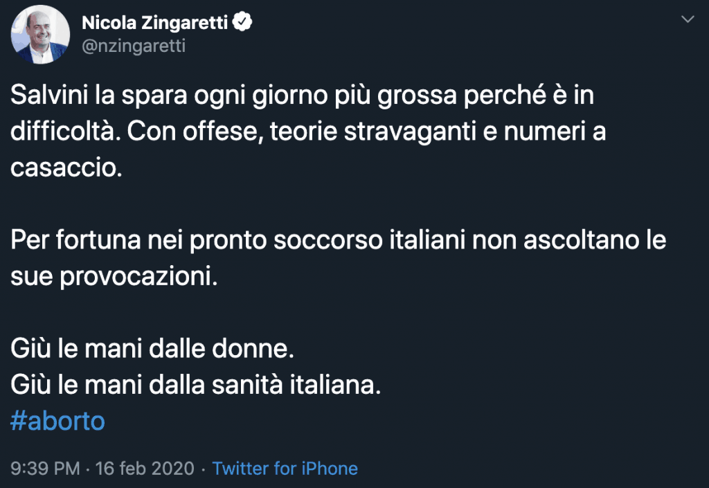 Tweet di Nicola Zingaretti