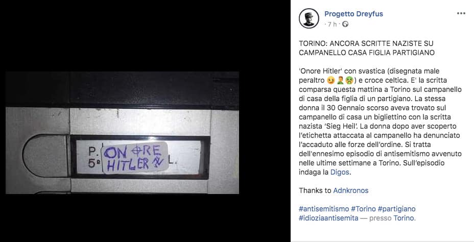 Post del messaggio nazista a Torino