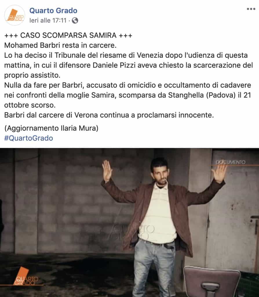 post di Quarto Grado su Facebook