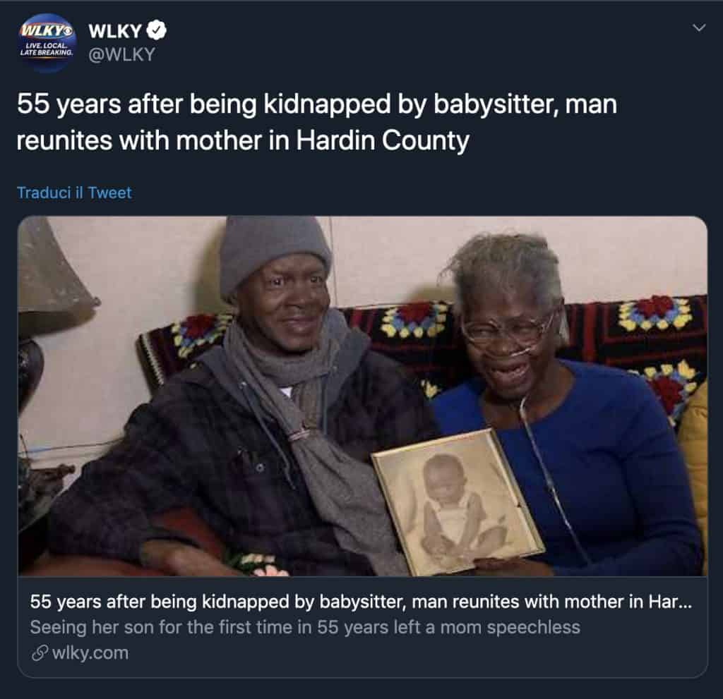 tweet di WLKY sul ritrovamento di madre e figlio