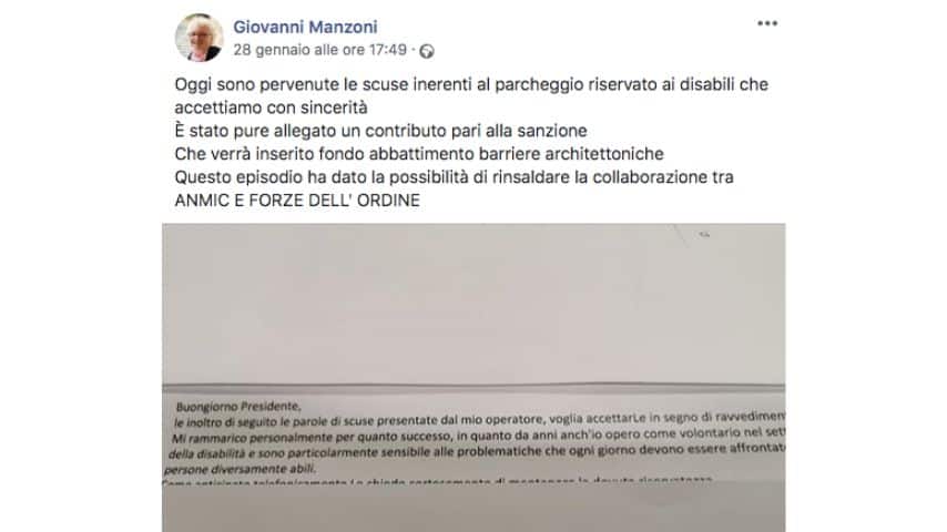 Le scuse del vigile condivise da Giovanni Manzoni