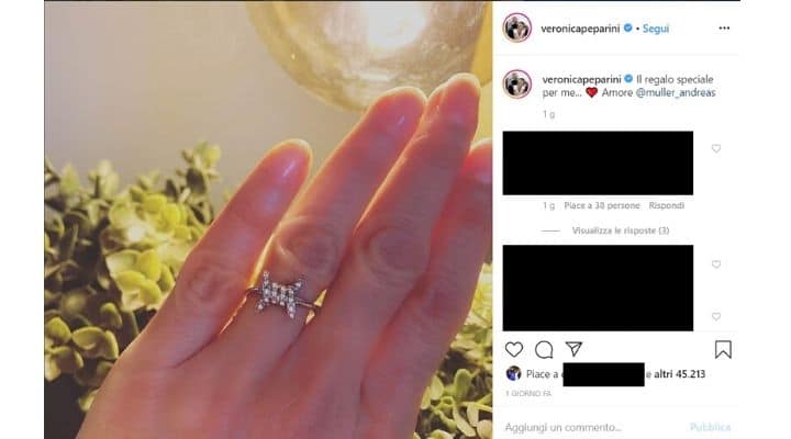 Post di Veronica Peparini sull'anello ricevuto in regalo