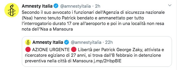 Post di Amnesty Italia sul caso Zaki