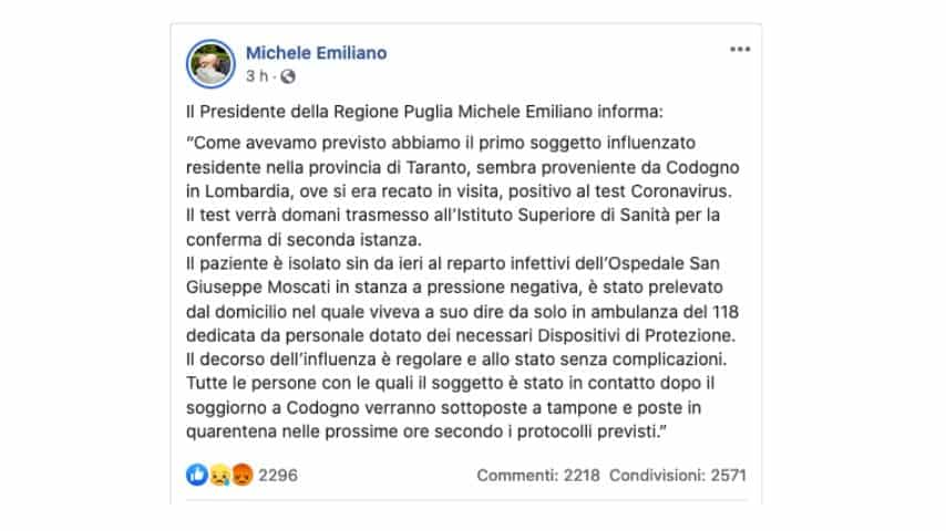 ll post del Presidente della Regione Michele Emiliano