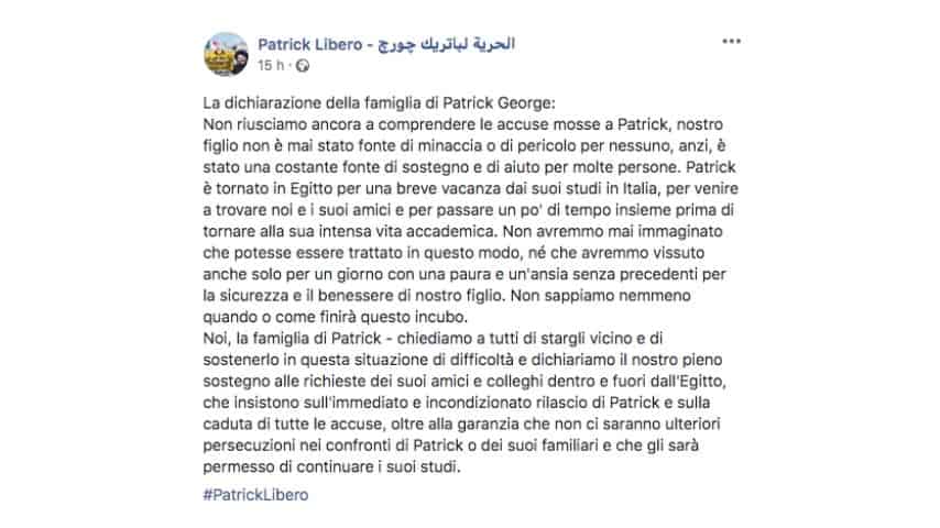 Post della famiglia di Patrick George Zaki