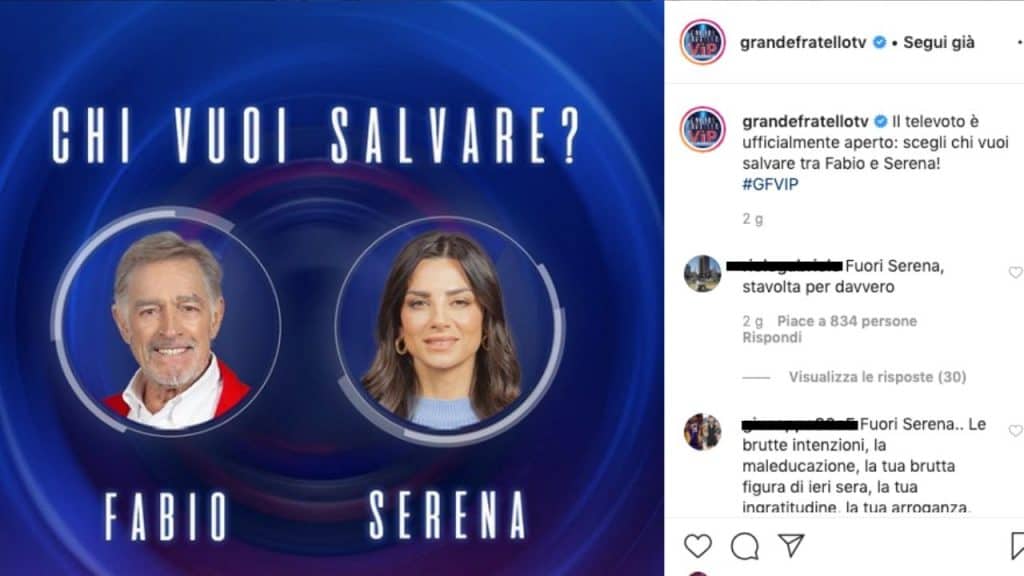 post instagram sulla pagina del Grande Fratello Vip