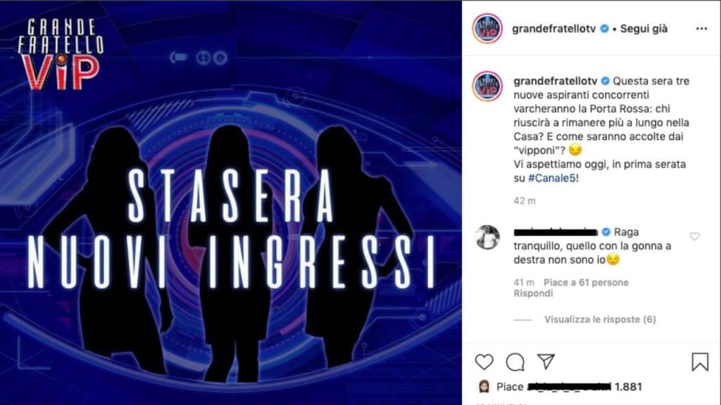 post instagram sulla pagina del Grande Fratello Vip