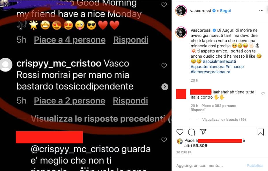 Post Instagram di Vasco Rossi