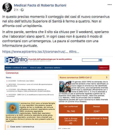 Post Facebook di Roberto Burioni