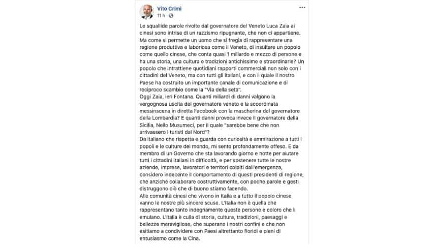 Post di vito crimi su Facebook