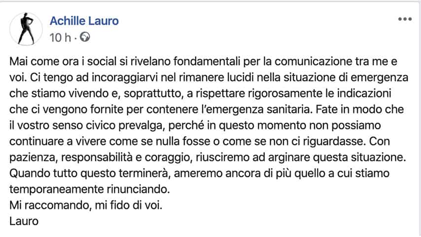 Post di Achille Lauro su Facebook