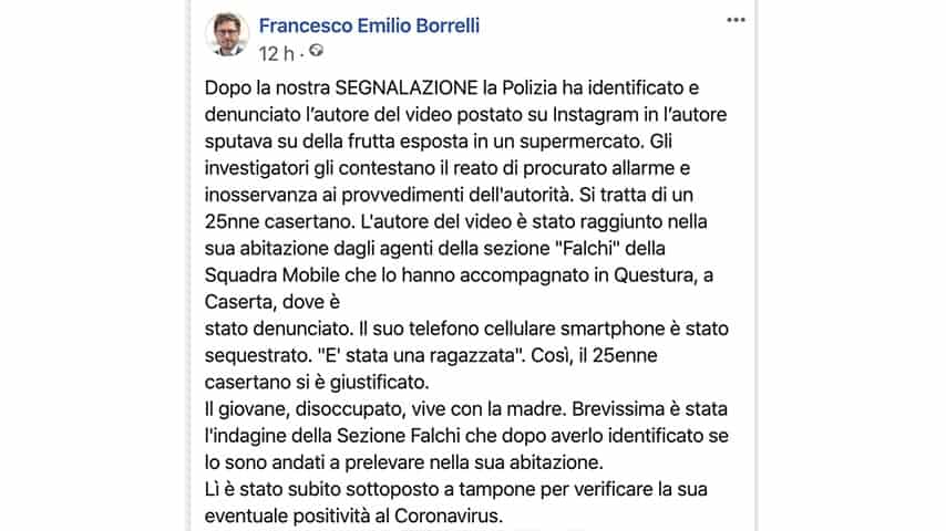 Post di Francesco Emilio Borrelli su Facebook