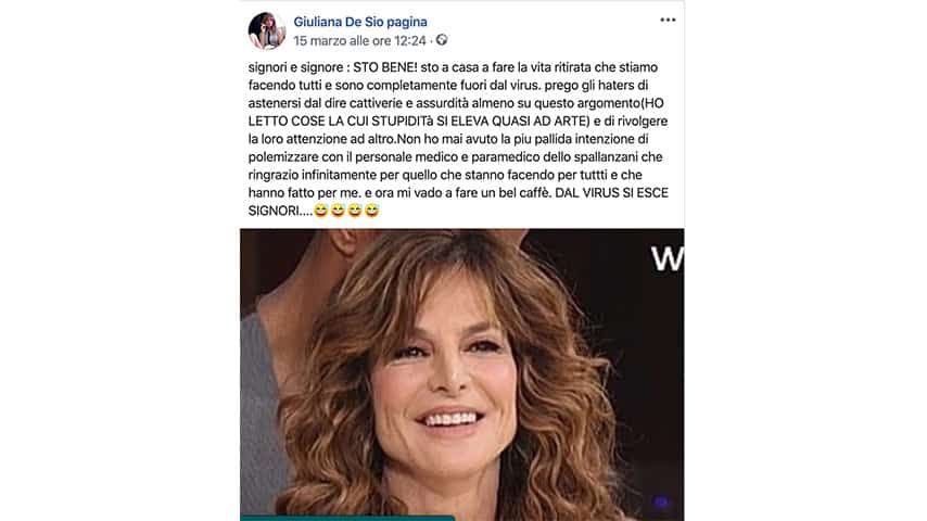 Post di Giuliana De Sio su Facebook