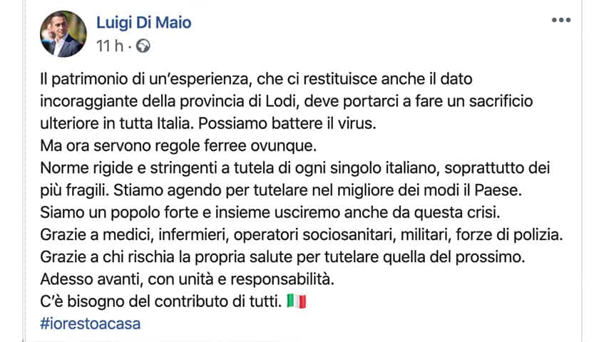 Post di Luigi Di Maio su Facebook