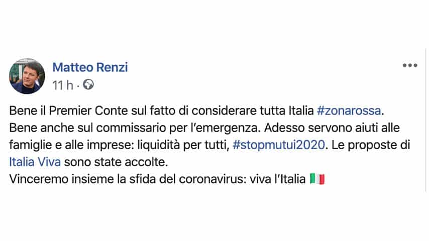 Post di Matteo Renzi su Facebook