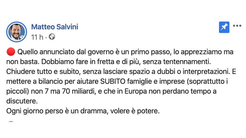 Post di Matteo Salvini su Facebook