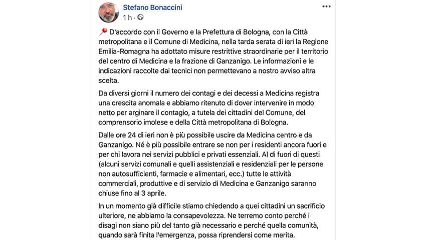 Post di Stefano Bonaccini su Facebook