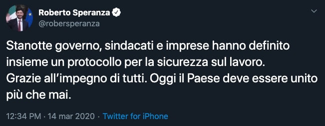 Tweet del ministro Roberto Speranza