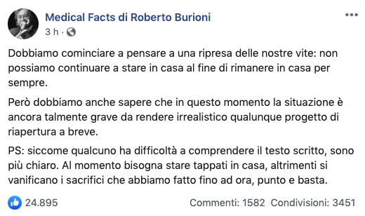 Post su Facebook di Roberto Burioni