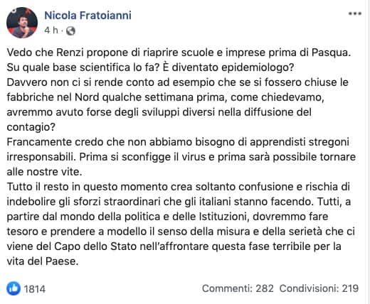 Post su Facebook di Nicola Fratoianni