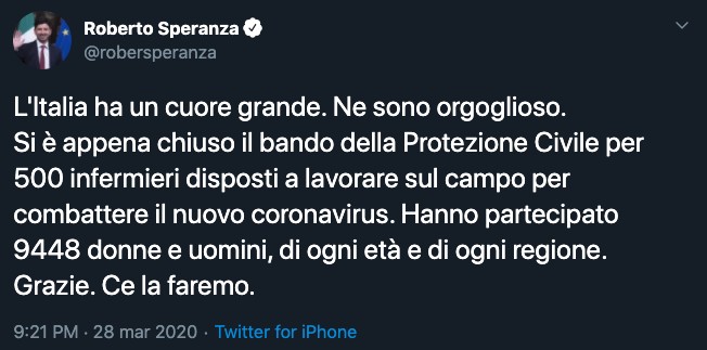 Tweet di Roberto Speranza