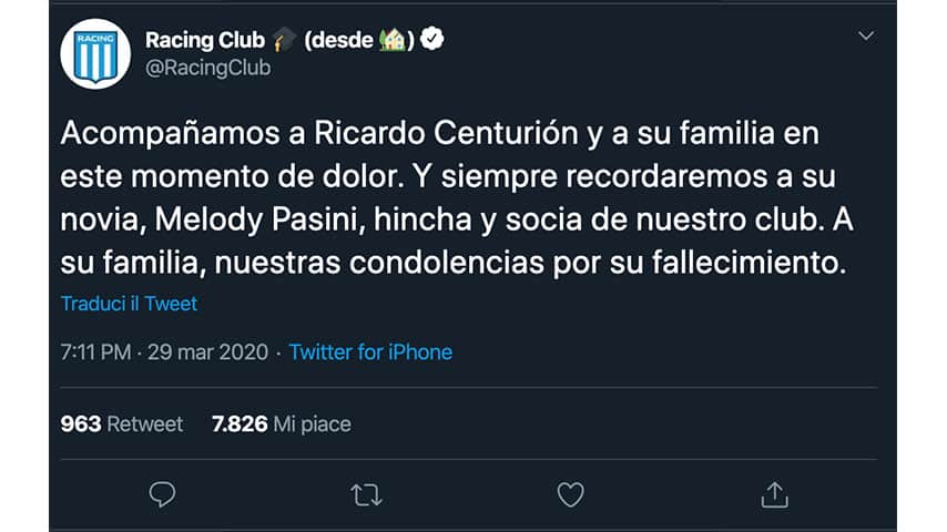 Tweet del Racing Club per Centurion