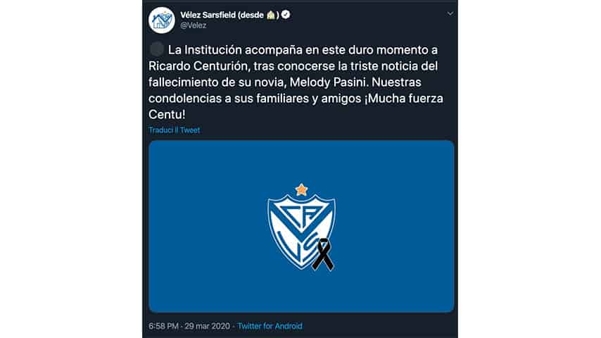 Tweet del Velez per Centurion