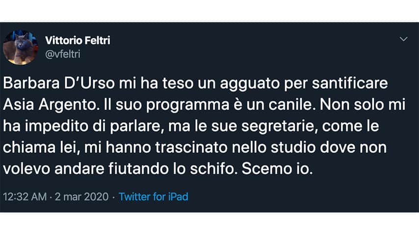 Tweet di Vittorio Feltri contro Barbara d'Urso