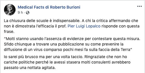 Il messaggio di Burioni su Facebook