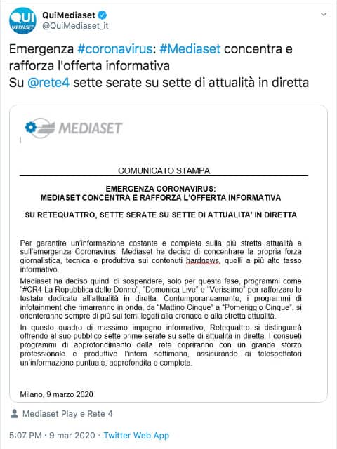 il comunicato pubblicato da Mediaset su Twitter