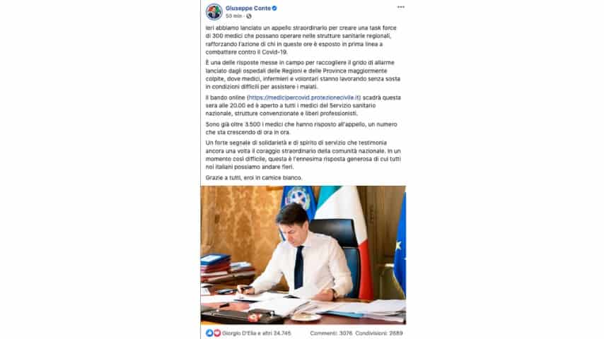 Il post di Giuseppe Conte su Facebook