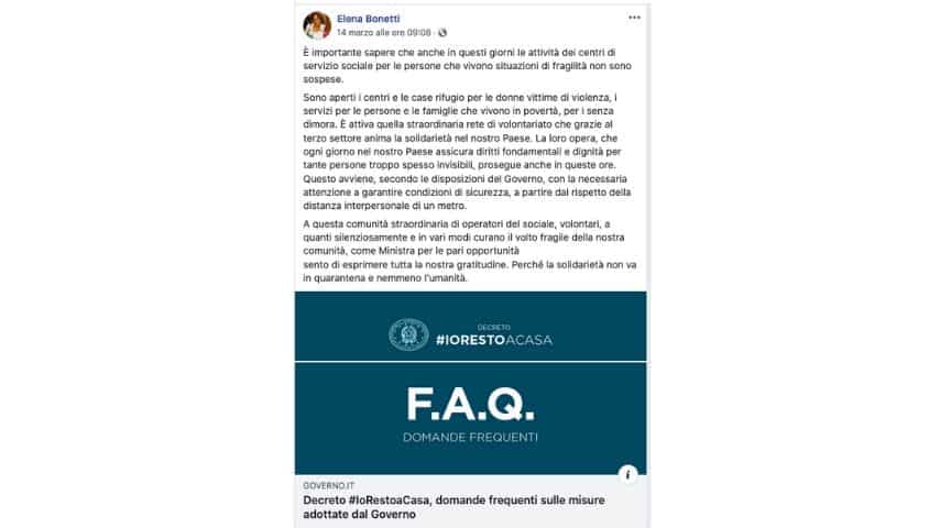 Il post del ministro Bonetti su Facebook