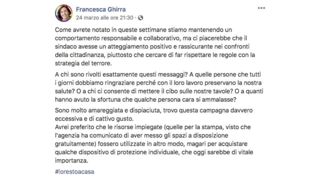 post facebook di Francesca Ghirra