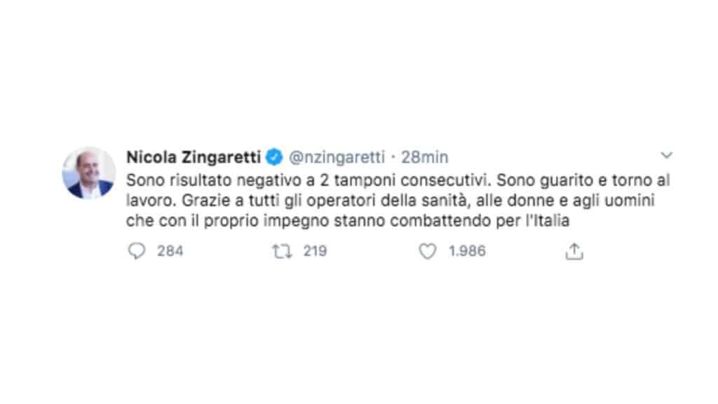 post su twitter di nicola zingaretti