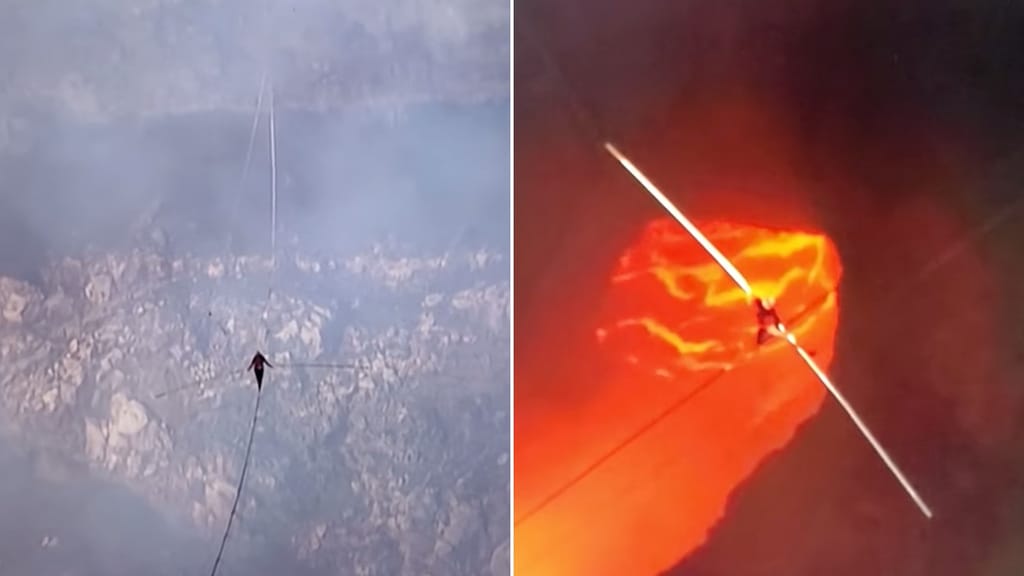 Attraversa un vulcano attivo su una fune: il video è da sudori freddi