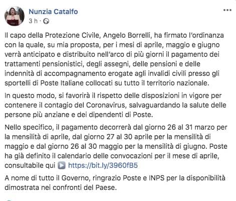 Post facebook del Ministro Catalfo